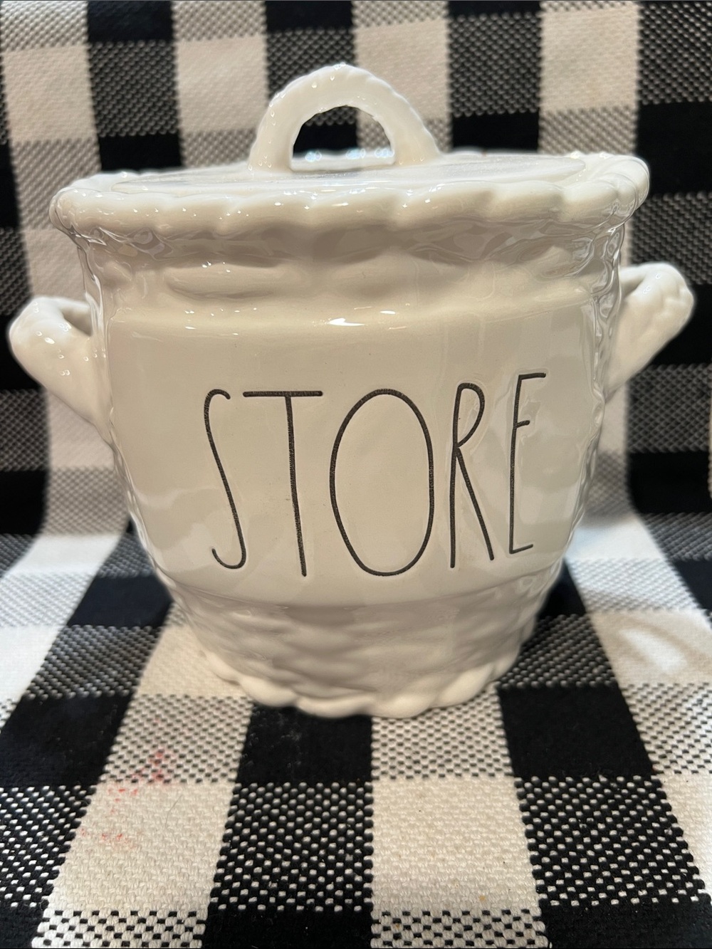 Rae Dunn White basket look  Ceramic STORE Canister with lid